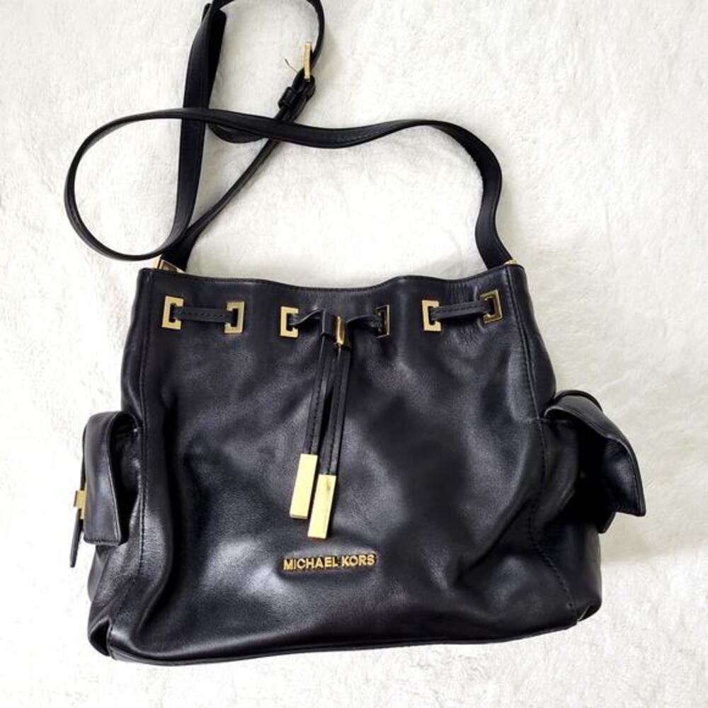 Michael Kors Black Leather Bucket Style Bag Drawstring Gold Hardware